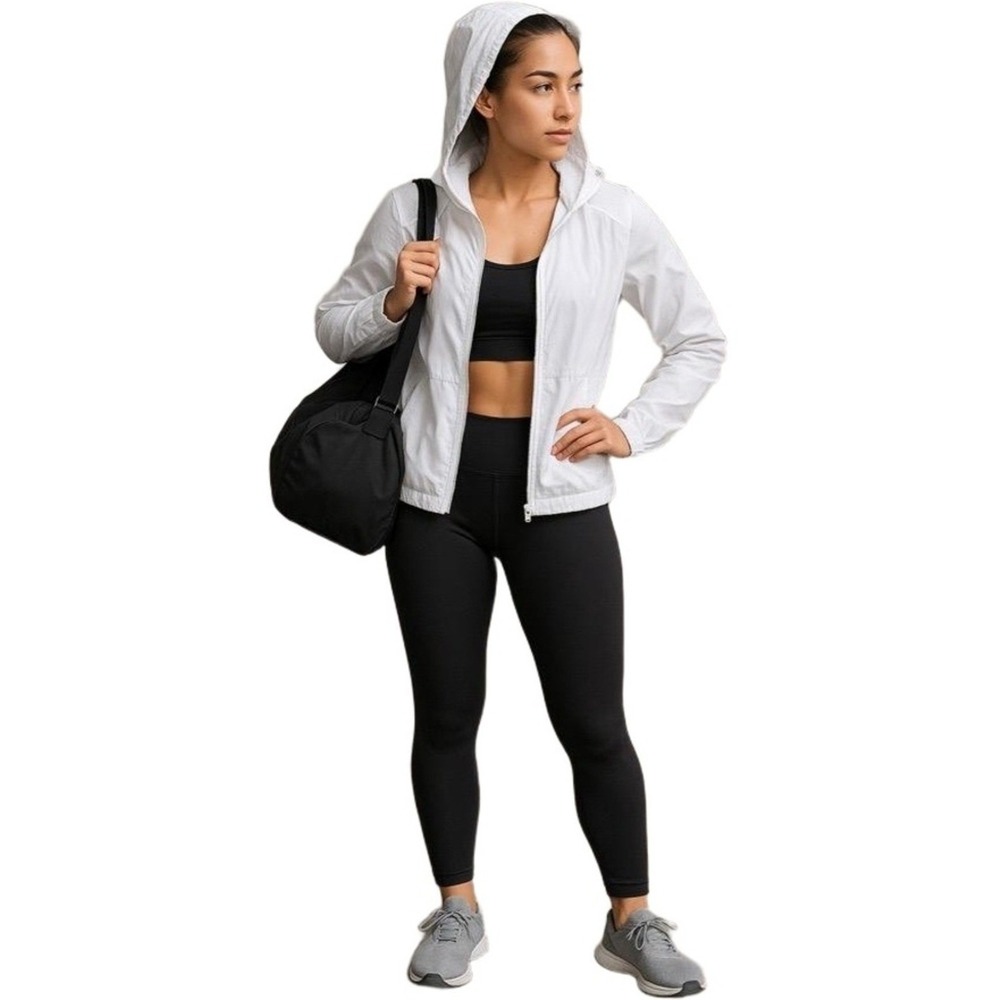 Zyia Active Jacket Woman's Medium White Lightweight Hooded Thumb Holes Pockets